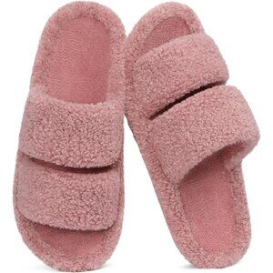 Women's Fuzzy Moderate Arch Support Pink Open Toe Cozy Bedroom Slippers Shoes